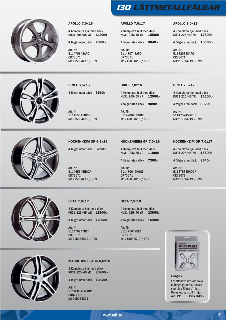 225/45 YR 15500:- 4 fälgar utan däck 8920:- 511475745DRBP HOCKENHEIM GP 6,5x15 4 fälgar utan däck 6200:- 511465545HOGP HOCKENHEIM GP 7,0x16 KU31 205/55 VR 11900:- 4 fälgar utan däck 7360:-