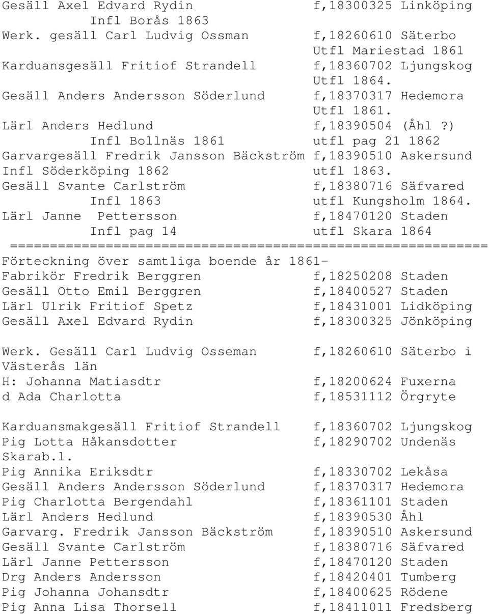 f,18370317 Hedemora Utfl 1861. Lärl Anders Hedlund f,18390504 (Åhl?) Infl Bollnäs 1861 utfl pag 21 1862 Garvargesäll Fredrik Jansson Bäckström f,18390510 Askersund Infl Söderköping 1862 utfl 1863.