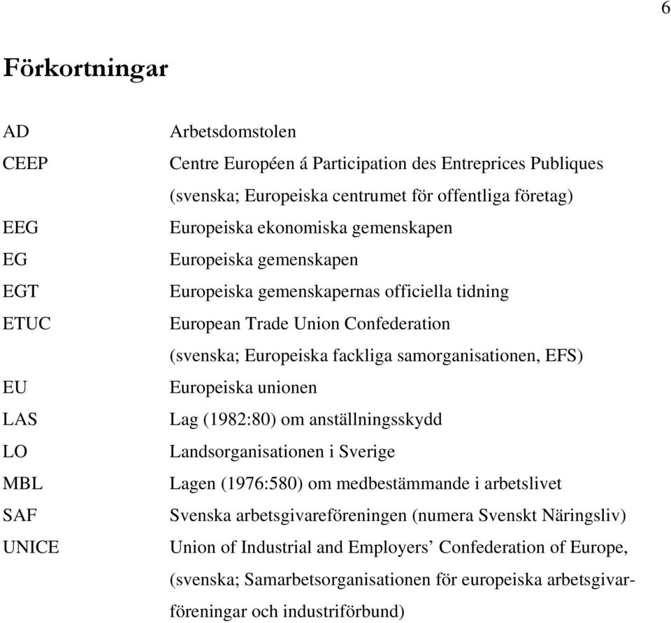 fackliga samorganisationen, EFS) Europeiska unionen Lag (1982:80) om anställningsskydd Landsorganisationen i Sverige Lagen (1976:580) om medbestämmande i arbetslivet Svenska