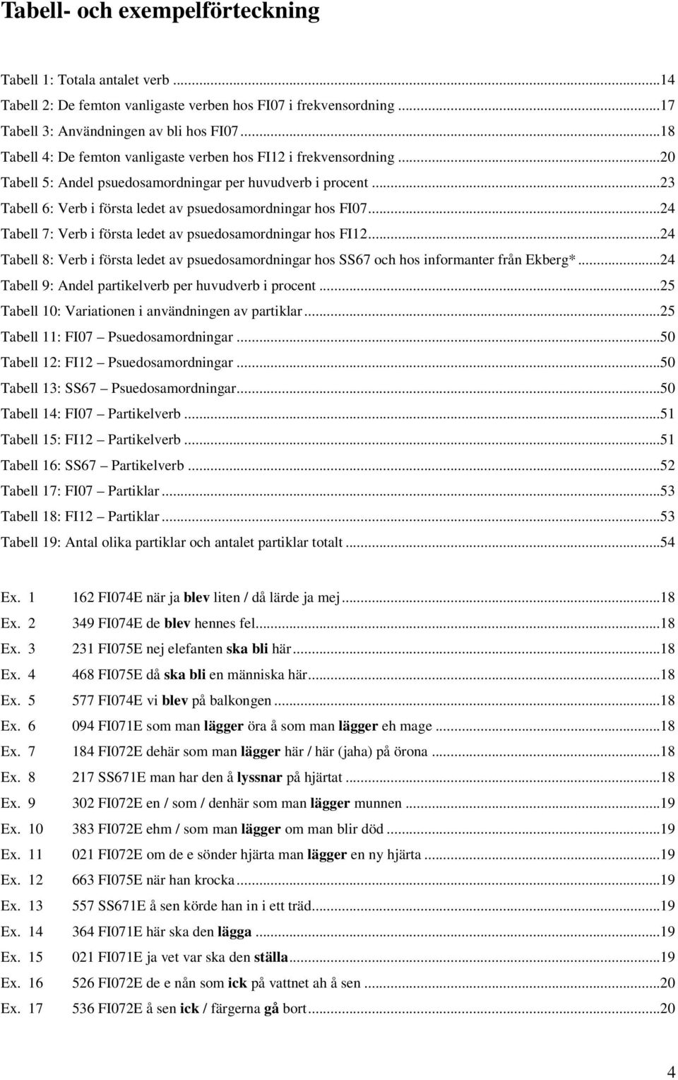 ..24 Tabell 7: Verb i första ledet av psuedosamordningar hos FI12...24 Tabell 8: Verb i första ledet av psuedosamordningar hos SS67 och hos informanter från Ekberg*.