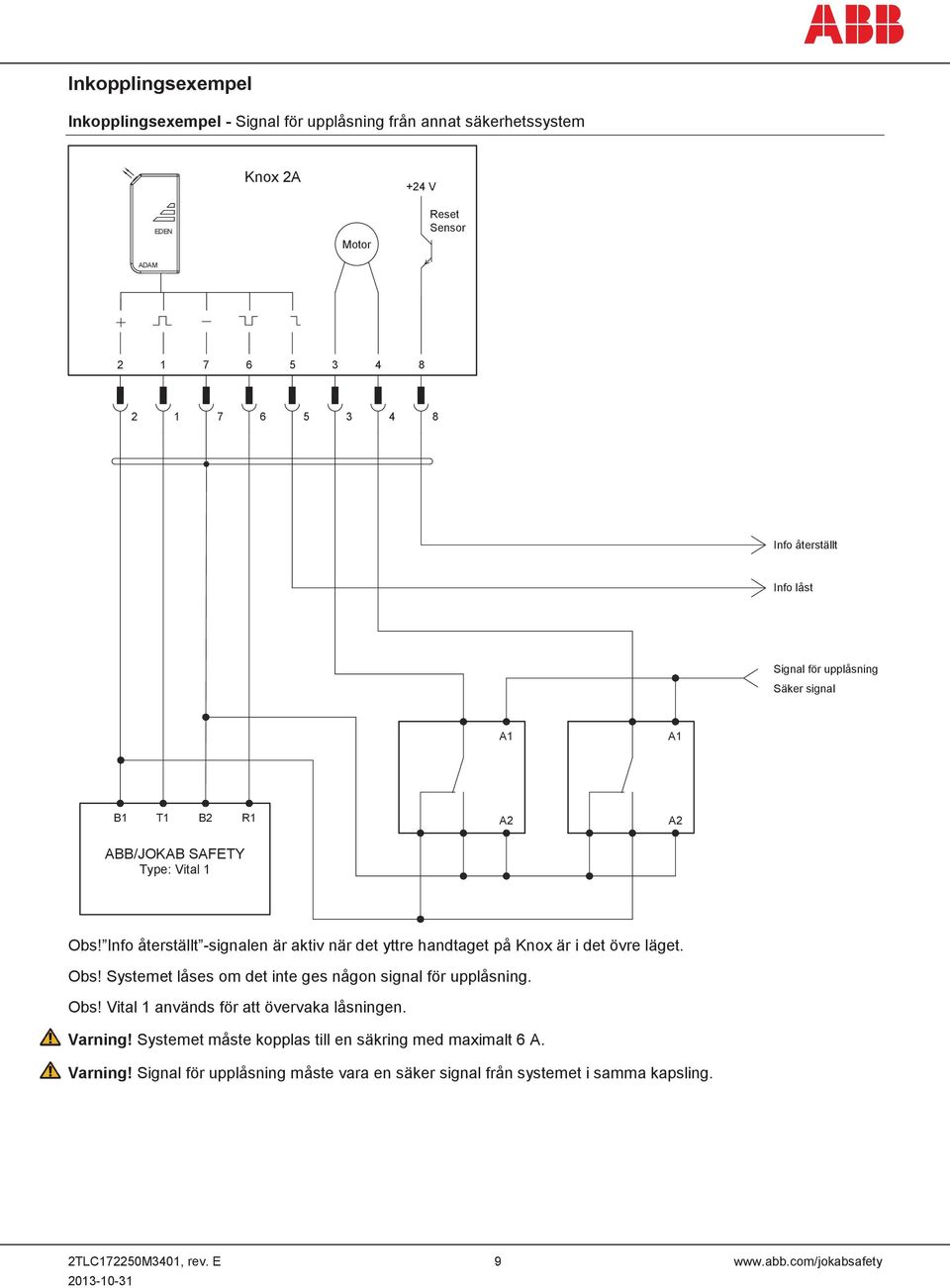 Info återställt -signalen är aktiv när det yttre handtaget på Knox är i det övre läget. Obs! Systemet låses om det inte ges någon signal för upplåsning. Obs! Vital 1 används för att övervaka låsningen.