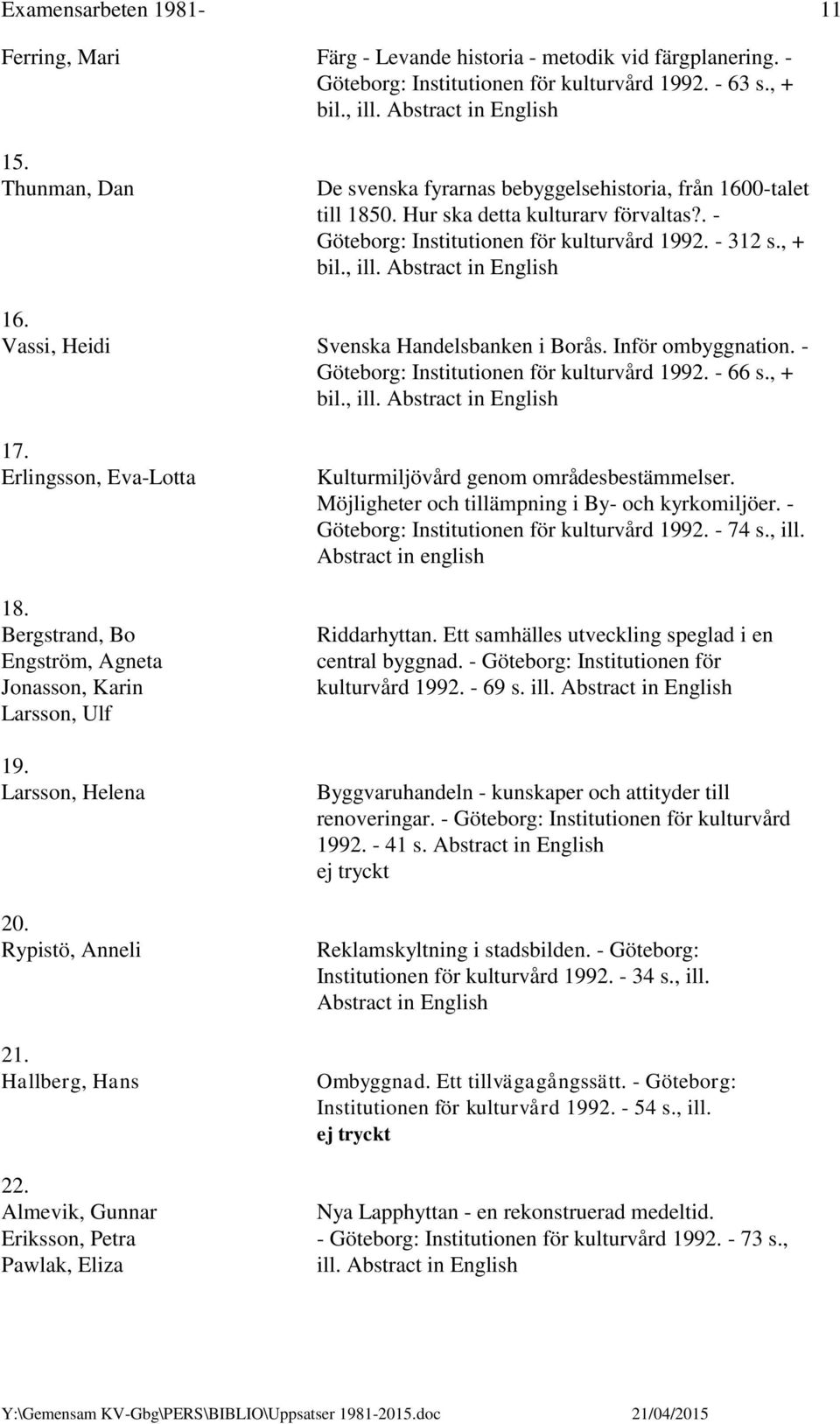 Inför ombyggnation. - Göteborg: Institutionen för kulturvård 1992. - 66 s., + bil., ill. 17. Erlingsson, Eva-Lotta 18. Bergstrand, Bo Engström, Agneta Jonasson, Karin Larsson, Ulf 19.