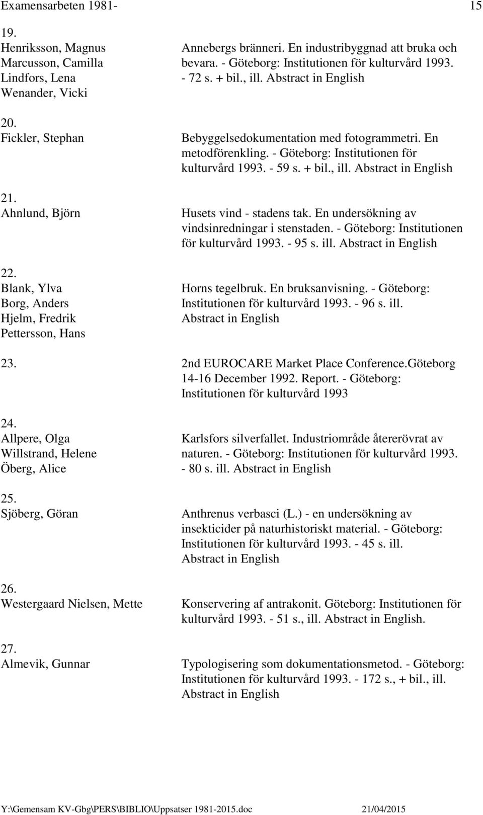 - Göteborg: Institutionen för kulturvård 1993. - 59 s. + bil., ill. Husets vind - stadens tak. En undersökning av vindsinredningar i stenstaden. - Göteborg: Institutionen för kulturvård 1993. - 95 s.