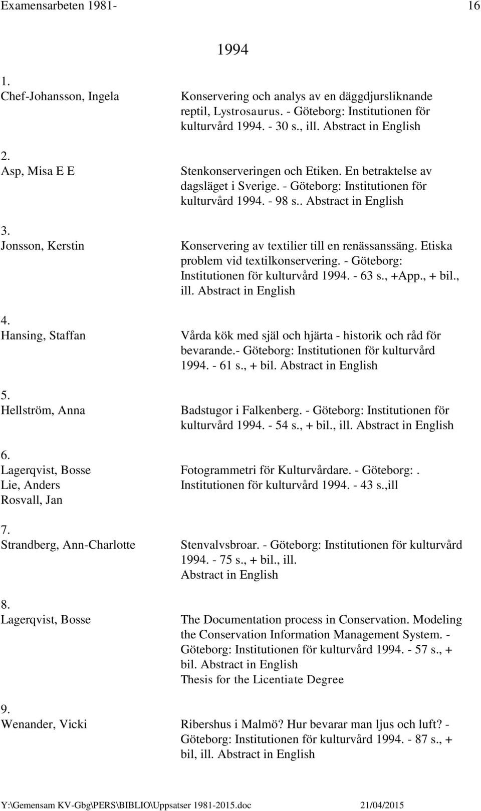 . Konservering av textilier till en renässanssäng. Etiska problem vid textilkonservering. - Göteborg: Institutionen för kulturvård 1994. - 63 s., +App., + bil., ill.