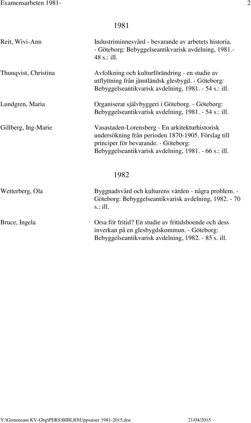 - 54 s.: ill. Organiserat självbyggeri i Göteborg. - Göteborg: Bebyggelseantikvarisk avdelning, 1981. - 54 s.: ill. Vasastaden-Lorensberg - En arkitekturhistorisk undersökning från perioden 1870-1905.