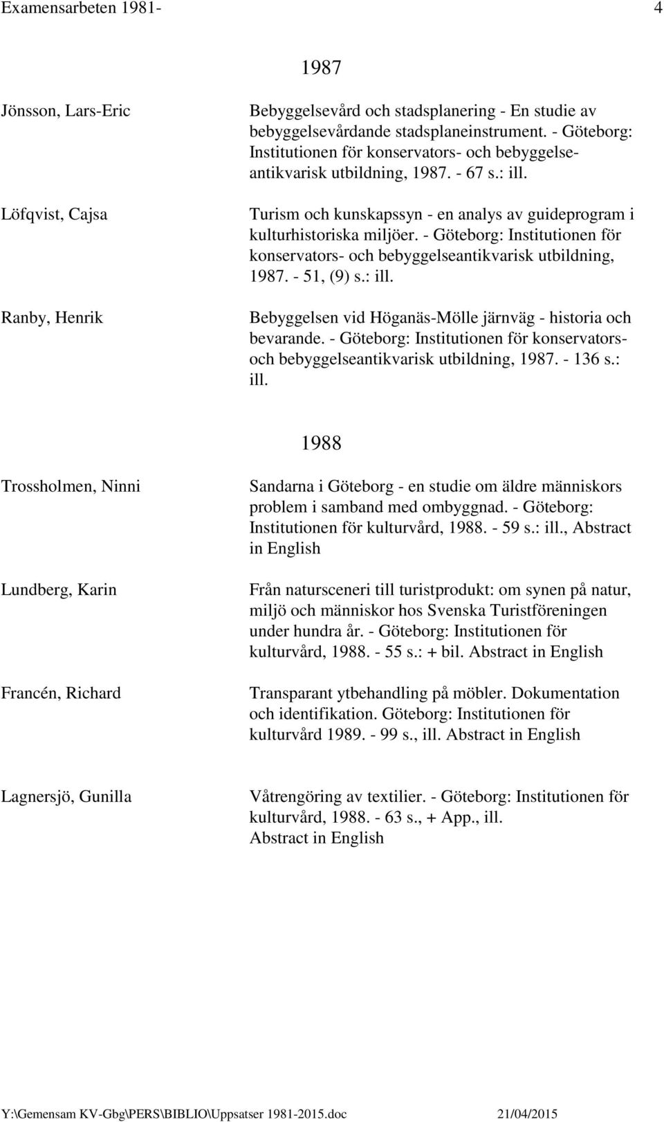- Göteborg: Institutionen för konservators- och bebyggelseantikvarisk utbildning, 1987. - 51, (9) s.: ill. Bebyggelsen vid Höganäs-Mölle järnväg - historia och bevarande.