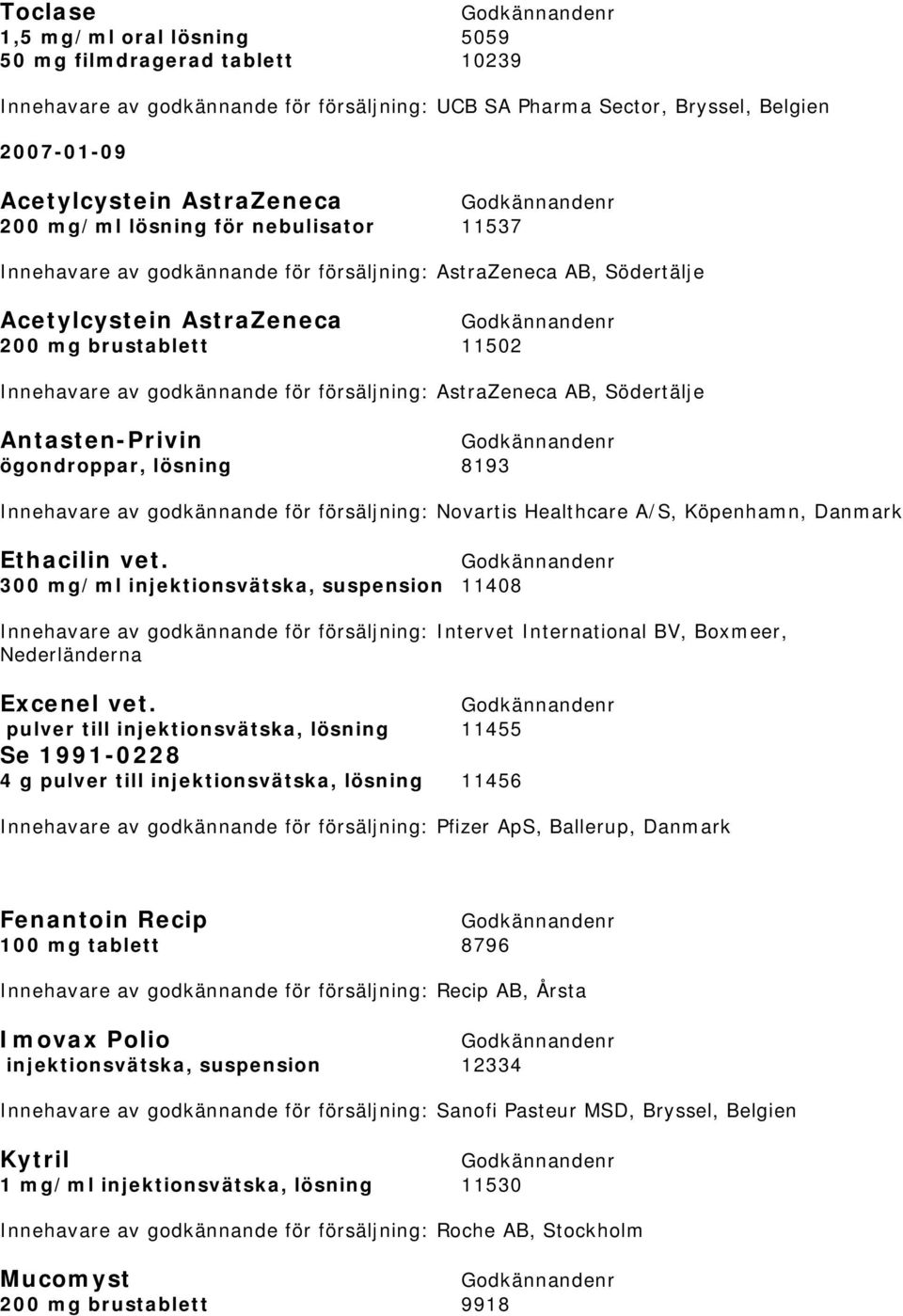 AstraZeneca AB, Södertälje Antasten-Privin ögondroppar, lösning 8193 Innehavare av godkännande för försäljning: Novartis Healthcare A/S, Köpenhamn, Danmark Ethacilin vet.