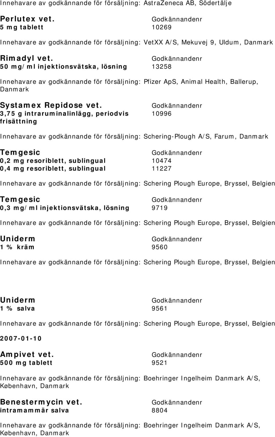 3,75 g intraruminalinlägg, periodvis 10996 frisättning Innehavare av godkännande för försäljning: Schering-Plough A/S, Farum, Danmark Temgesic 0,2 mg resoriblett, sublingual 10474 0,4 mg resoriblett,