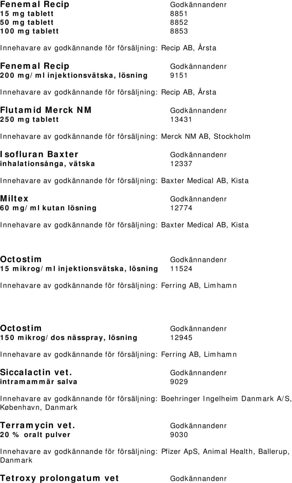 Innehavare av godkännande för försäljning: Baxter Medical AB, Kista Miltex 60 mg/ml kutan lösning 12774 Innehavare av godkännande för försäljning: Baxter Medical AB, Kista Octostim 15 mikrog/ml