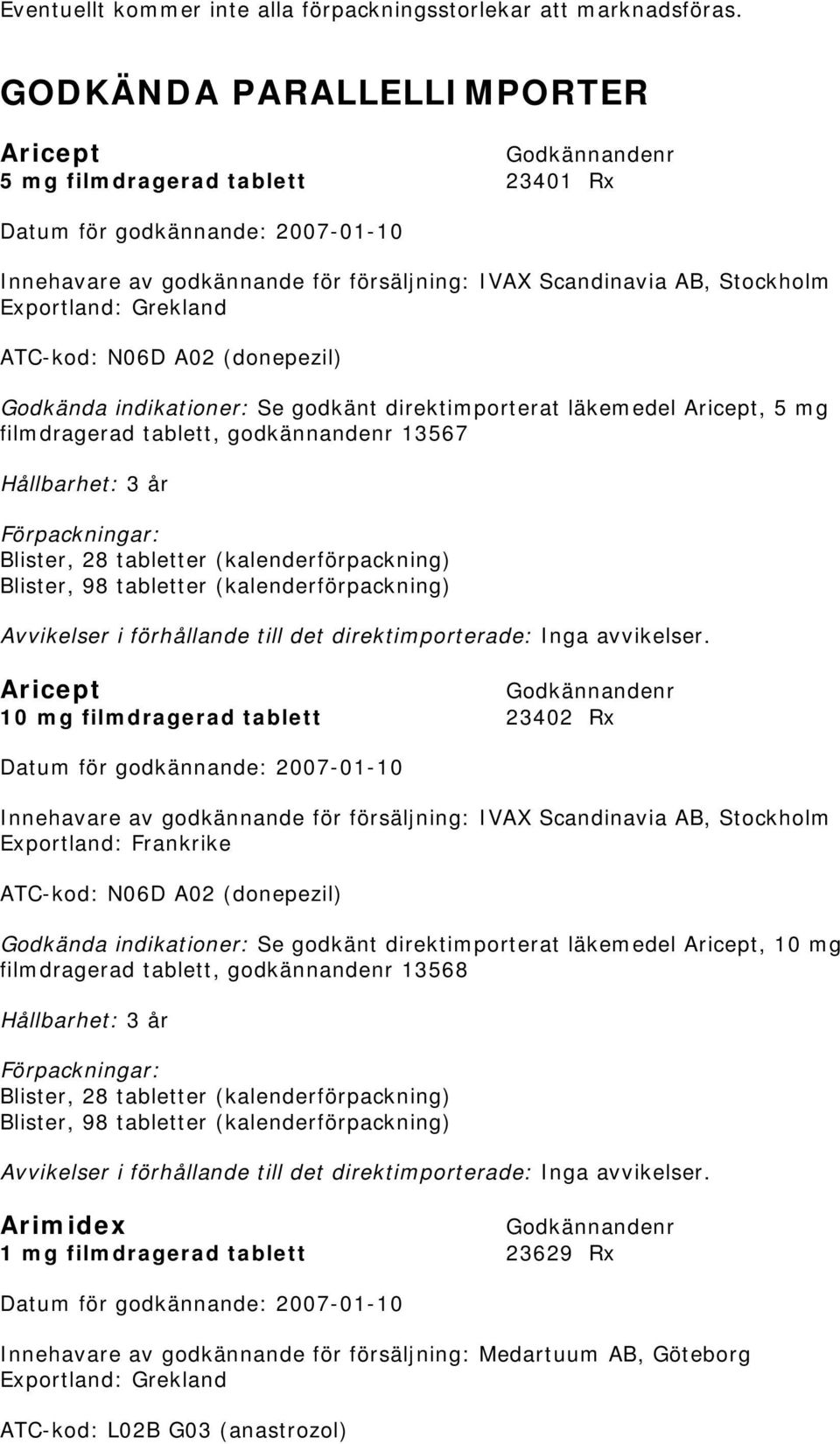 ATC-kod: N06D A02 (donepezil) Godkända indikationer: Se godkänt direktimporterat läkemedel Aricept, 5 mg filmdragerad tablett, godkännandenr 13567 Hållbarhet: 3 år Blister, 28 tabletter