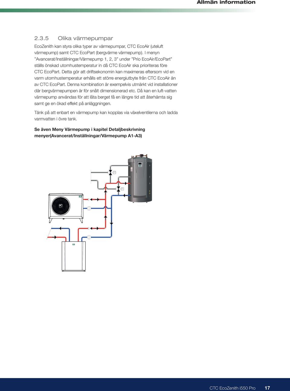 Detta gör att driftsekonomin kan maximeras eftersom vid en varm utomhustemperatur erhålls ett större energiutbyte från CTC EcoAir än av CTC EcoPart.