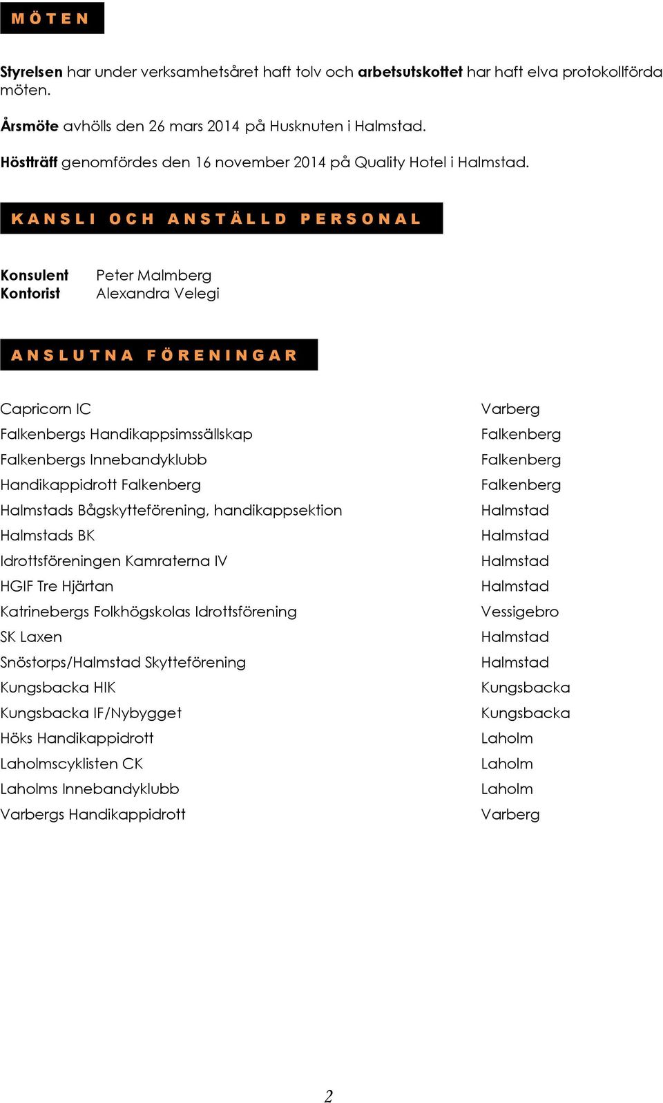 K A N S L I O C H A N S T Ä L L D P E R S O N A L Konsulent Kontorist Peter Malmberg Alexandra Velegi A N S L U T N A F Ö R E N I N G A R Capricorn IC Falkenbergs Handikappsimssällskap Falkenbergs