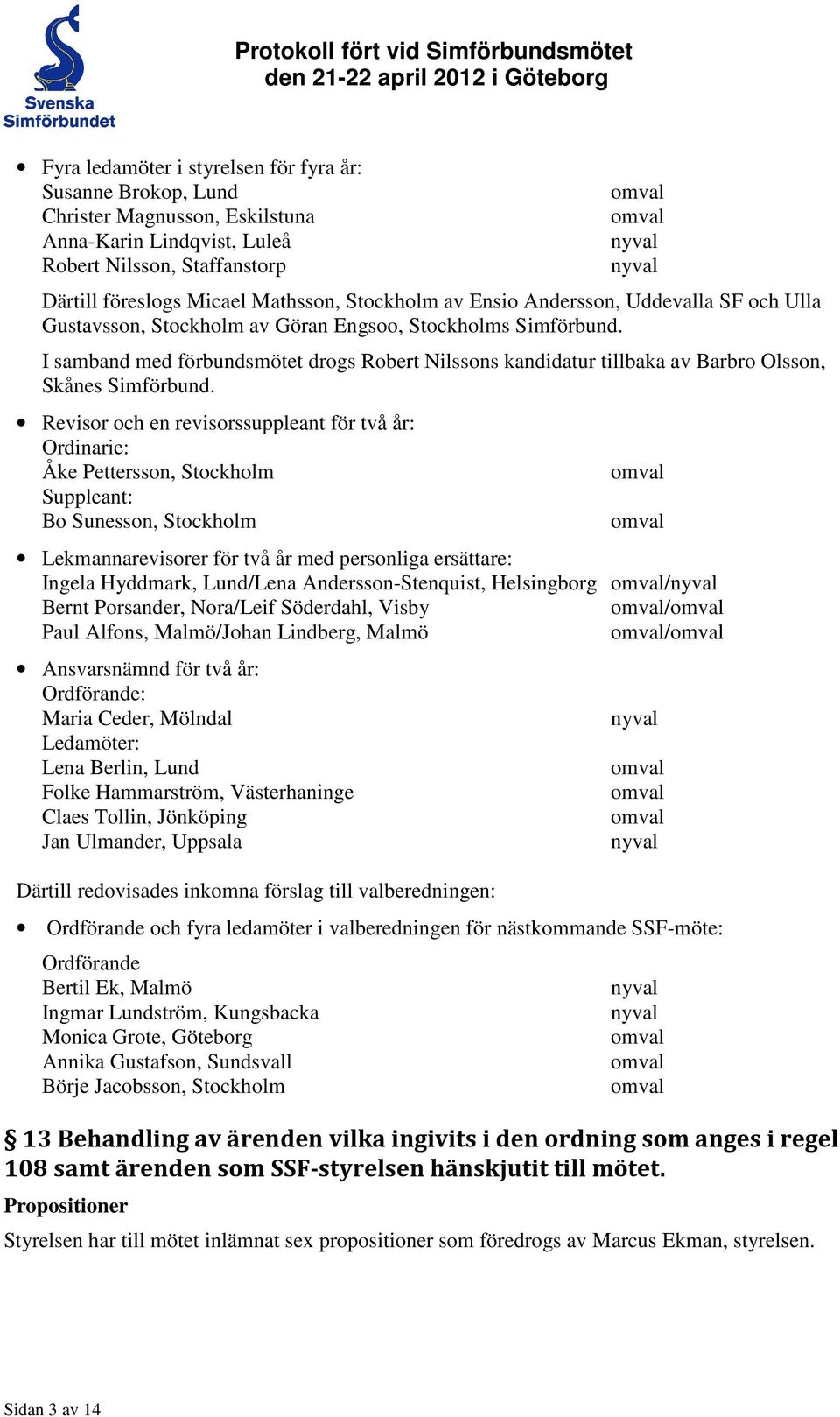 I samband med förbundsmötet drogs Robert Nilssons kandidatur tillbaka av Barbro Olsson, Skånes Simförbund.