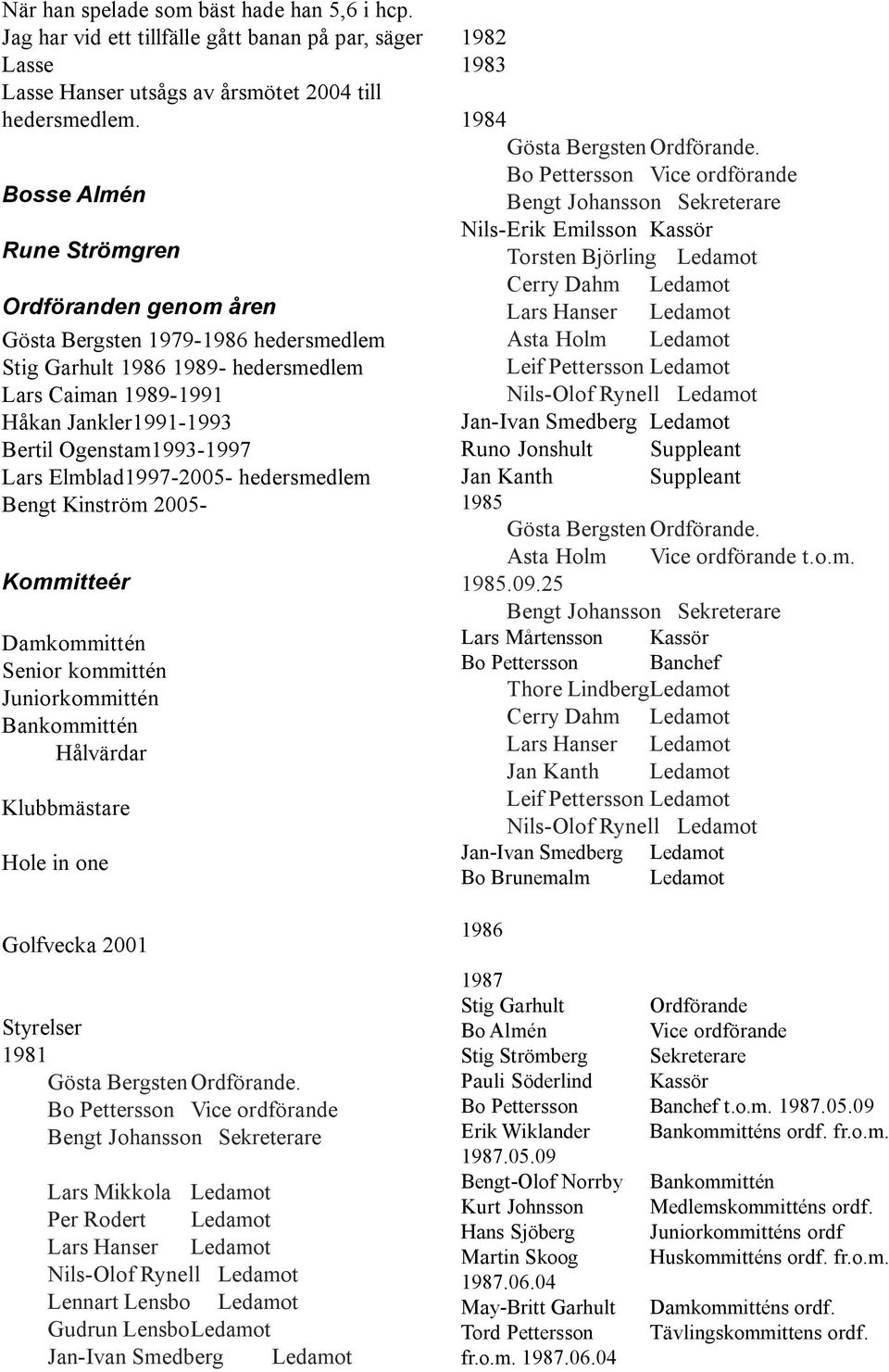 Elmblad1997-2005- hedersmedlem Bengt Kinström 2005- Kommitteér Damkommittén Senior kommittén Juniorkommittén Bankommittén Hålvärdar Klubbmästare Hole in one Golfvecka 2001 Styrelser 1981 Gösta