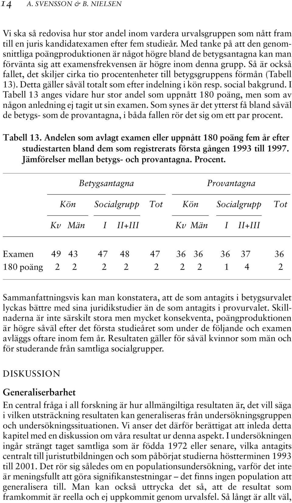 Så är också fallet, det skiljer cirka tio procentenheter till betygsgruppens förmån (Tabell 13). Detta gäller såväl totalt som efter indelning i kön resp. social bakgrund.