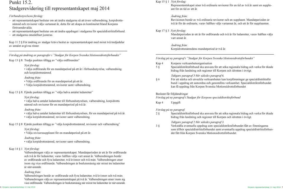 vartannat år, detta för att skapa en kontinuitet bland Korpens förtroendevalda. att representantskapet beslutar om att ändra uppdraget i stadgarna för specialdistriktsförbund.