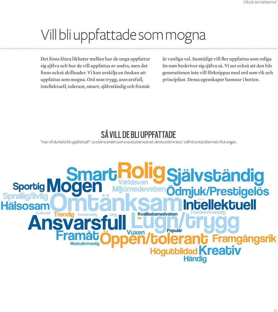 Vi kan urskilja en önskan att uppfattas som mogna. Ord som trygg, ansvarsfull, intellektuell, tolerant, smart, självständig och framåt är vanliga val.