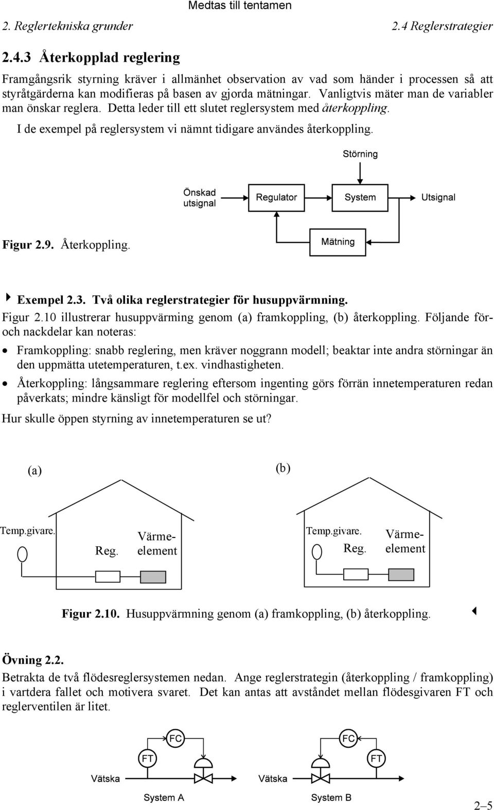 Återkoppling. Exempel.3. Två olika reglerstrategier för husuppvärmning. Figur.0 illustrerar husuppvärming genom (a) framkoppling, (b) återkoppling.