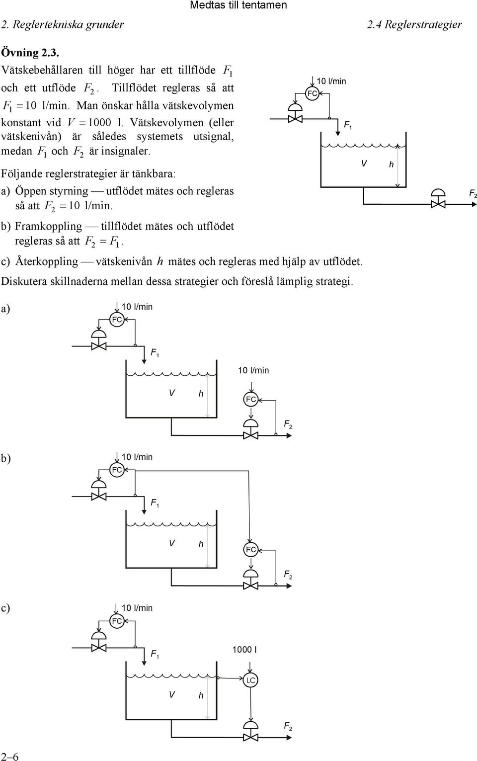 Följande reglerstrategier är tänkbara: a) Öppen styrning utflödet mätes och regleras så att F 0 l/min. b) Framkoppling tillflödet mätes och utflödet regleras så att F F.