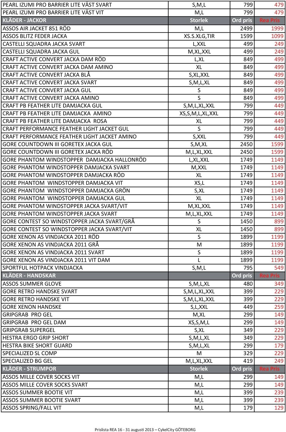 S.XLG,TIR 1599 1099 CASTELLI SQUADRA JACKA SVART L,XXL 499 249 CASTELLI SQUADRA JACKA GUL M,XL,XXL 499 249 CRAFT ACTIVE CONVERT JACKA DAM RÖD L,XL 849 499 CRAFT ACTIVE CONVERT JACKA DAM AMINO XL 849