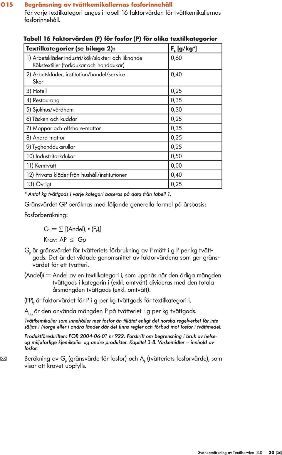 Arbetskläder, institution/handel/service Skor F P [g/kg*] 0,60 0,40 3) Hotell 0,25 4) Restaurang 0,35 5) Sjukhus/vårdhem 0,30 6) Täcken och kuddar 0,25 7) Moppar och offshore-mattor 0,35 8) Andra