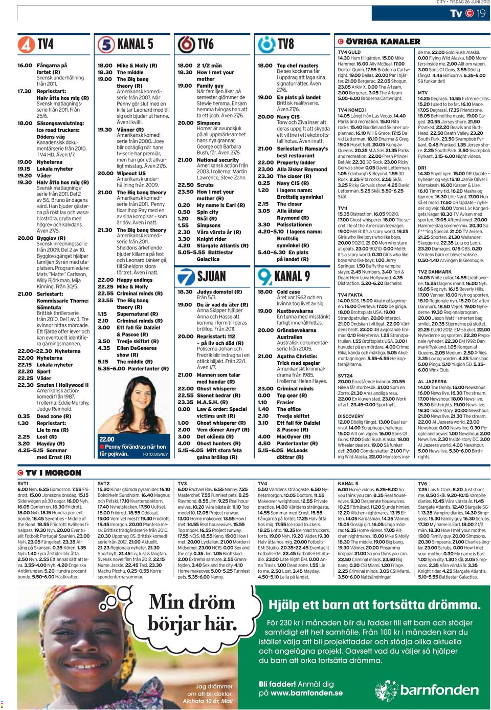 30 Halv åtta hos mig (R) Svensk matlagningsserie från 2011. Del 2 av 56. Bruno är dagens värd. Han bjuder gästerna på rökt lax och wasabioströra, gryta med högrev och kalvdans. Även 27/6. 20.00 Bygglov (R) Svensk inredningsserie från 2009.