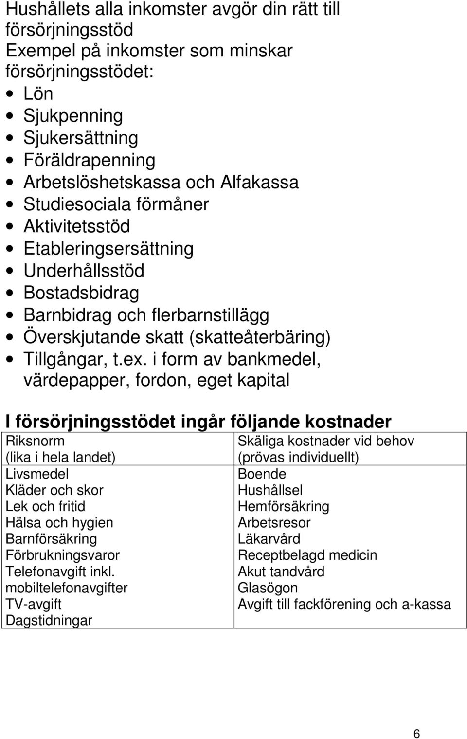 i form av bankmedel, värdepapper, fordon, eget kapital I försörjningsstödet ingår följande kostnader Riksnorm (lika i hela landet) Livsmedel Kläder och skor Lek och fritid Hälsa och hygien