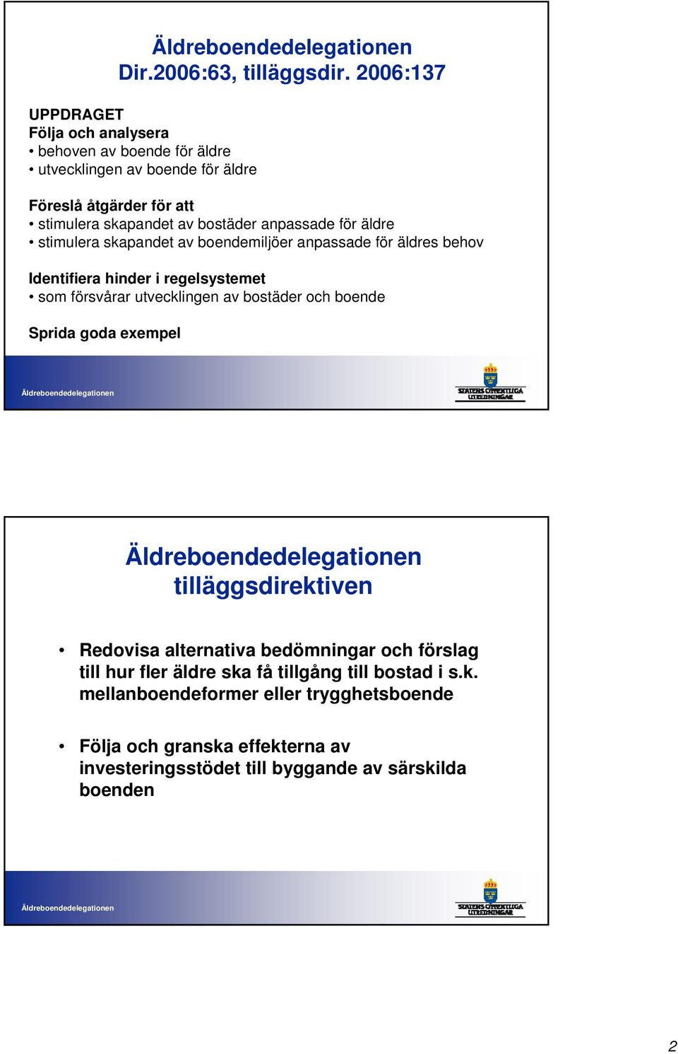 bostäder anpassade för äldre stimulera skapandet av boendemiljöer anpassade för äldres behov Identifiera hinder i regelsystemet som försvårar utvecklingen