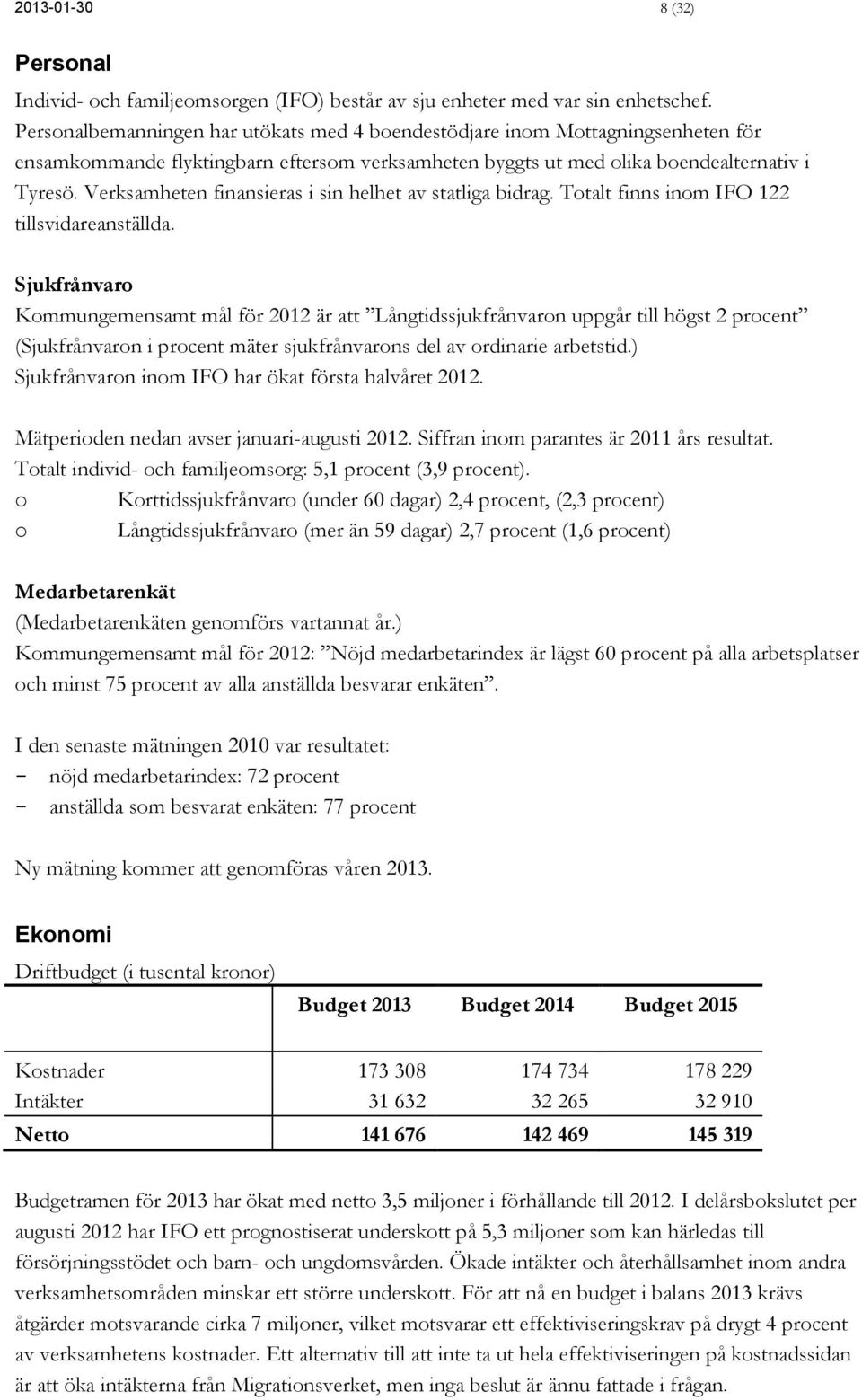 Verksamheten finansieras i sin helhet av statliga bidrag. Totalt finns inom IFO 122 tillsvidareanställda.