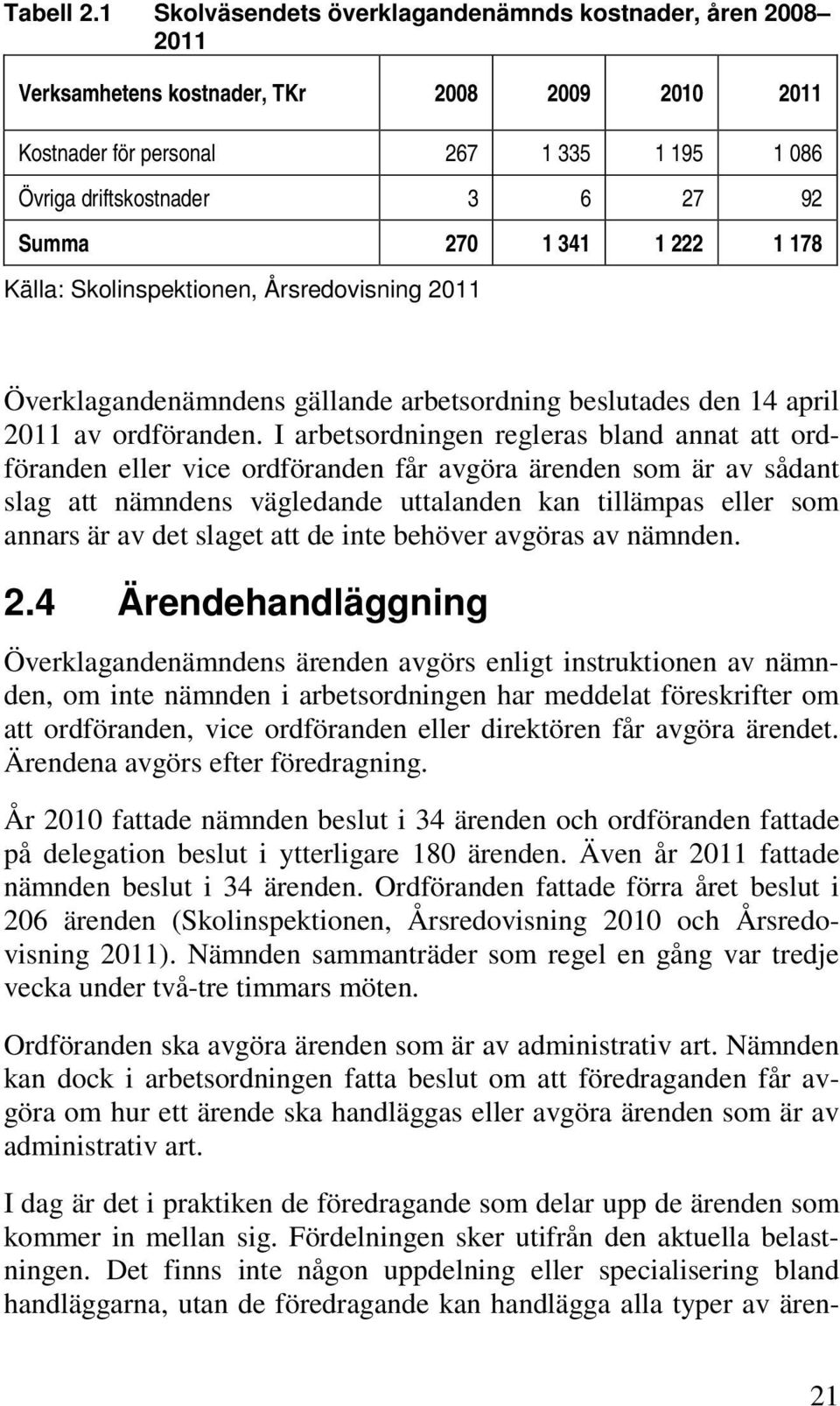 341 1 222 1 178 Källa: Skolinspektionen, Årsredovisning 2011 Överklagandenämndens gällande arbetsordning beslutades den 14 april 2011 av ordföranden.