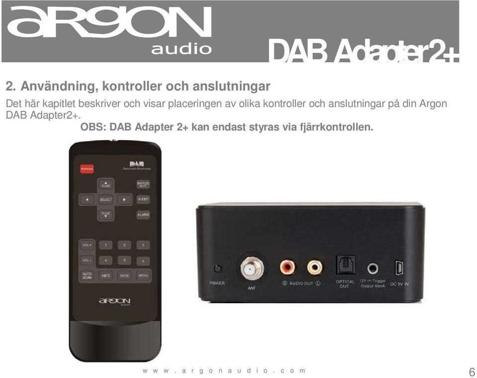 kontroller och anslutningar på din Argon DAB Adapter2+.