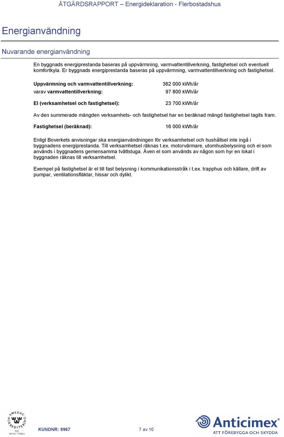 Uppvärmning och varmvattentillverkning: varav varmvattentillverkning: El (verksamhetsel och fastighetsel): 362 000 kwh/år 97 800 kwh/år 23 700 kwh/år Av den summerade mängden verksamhets- och