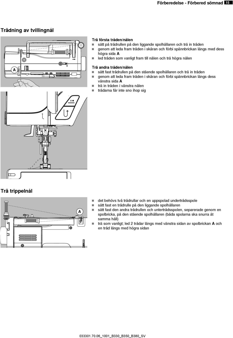 att leda fram tråden i skåran och förbi spännbrickan längs dess vänstra sida A trä in tråden i vänstra nålen trådarna får inte sno ihop sig Trä trippelnål A det behövs två trådrullar och en uppspolad