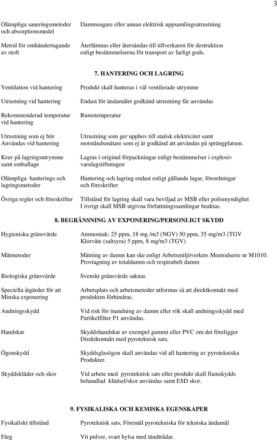 HANTERING OCH LAGRING Ventilation vid hantering Utrustning vid hantering Rekommenderad temperatur vid hantering Utrustning som ej bör Användas vid hantering Krav på lagringsutrymme samt emballage