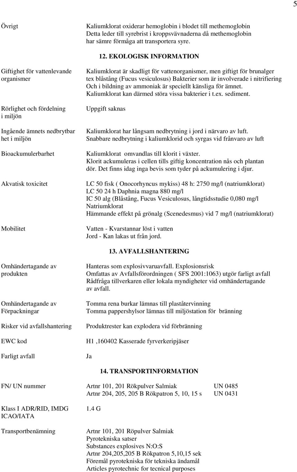 skadligt för vattenorganismer, men giftigt för brunalger tex blåstång (Fucus vesiculosus) Bakterier som är involverade i nitrifiering Och i bildning av ammoniak är speciellt känsliga för ämnet.