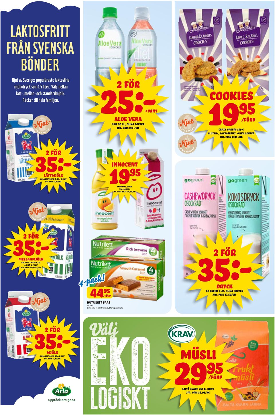 pris 22,17-26,60/lit mellanmjölk arla laktosfri 1,5% 1,5 lit, 1,75 lit JFR. pris 10 11,67/lit 4-pack!