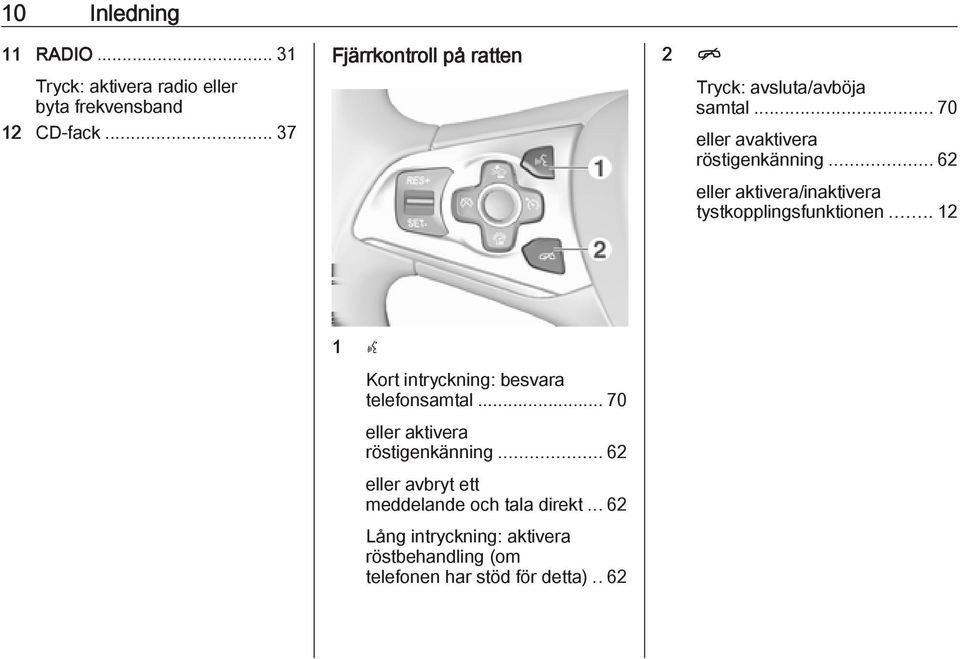 .. 62 eller aktivera/inaktivera tystkopplingsfunktionen... 12 1 s Kort intryckning: besvara telefonsamtal.