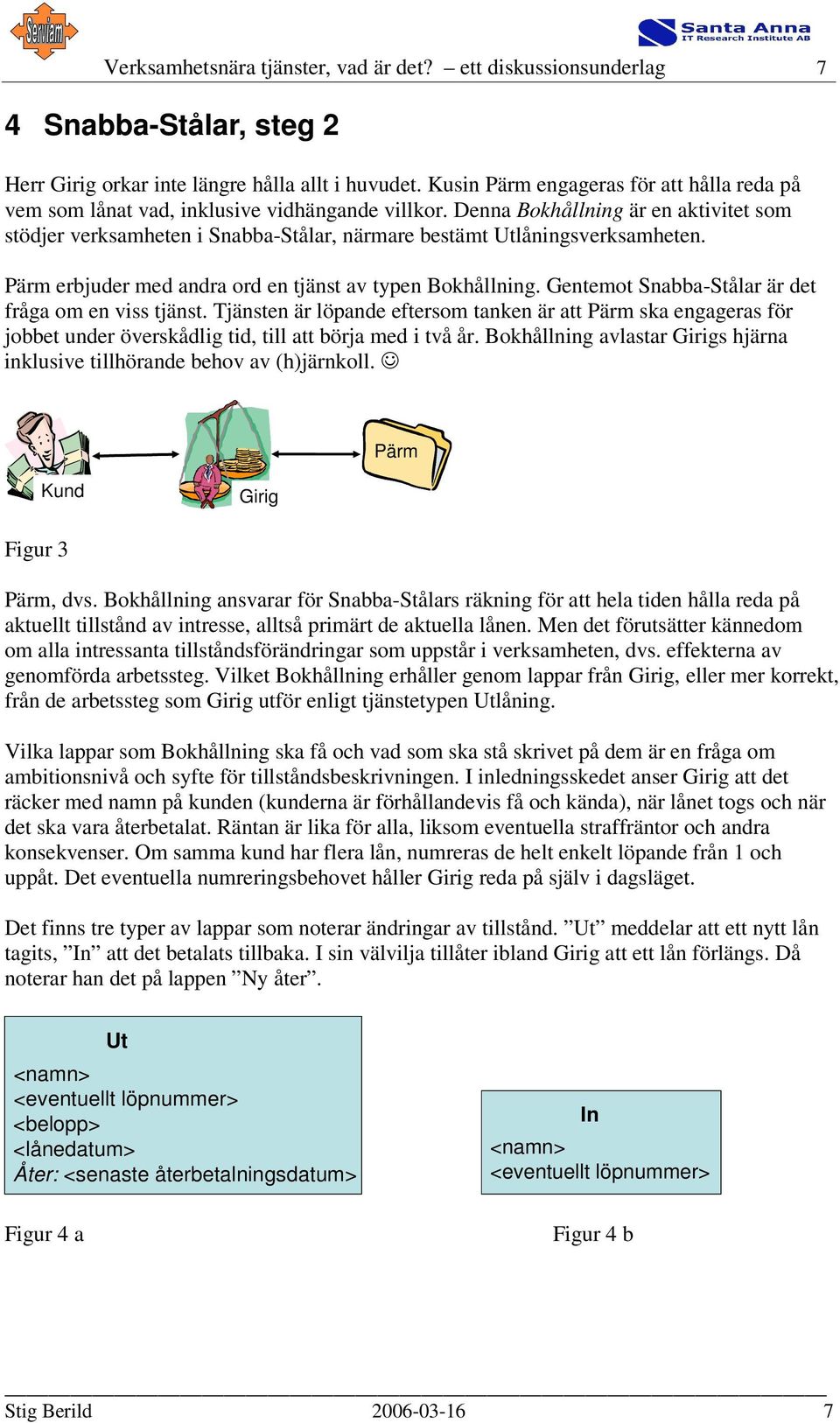 Denna Bokhållning är en aktivitet som stödjer verksamheten i Snabba-Stålar, närmare bestämt Utlåningsverksamheten. Pärm erbjuder med andra ord en tjänst av typen Bokhållning.