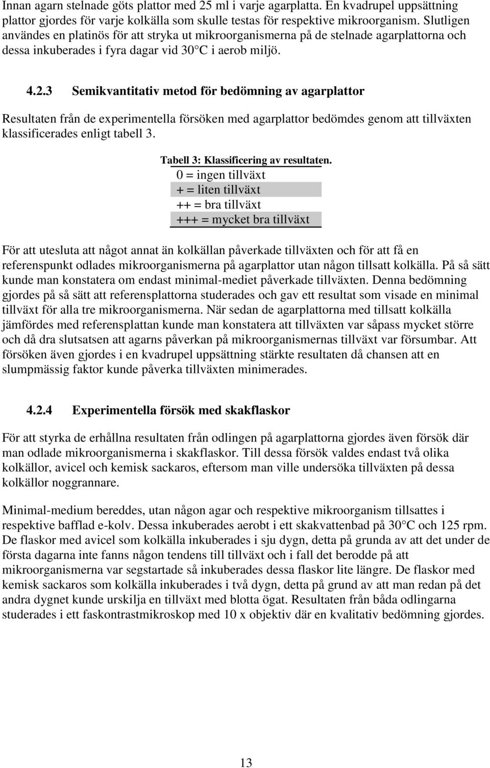 3 Semikvantitativ metod för bedömning av agarplattor Resultaten från de experimentella försöken med agarplattor bedömdes genom att tillväxten klassificerades enligt tabell 3.