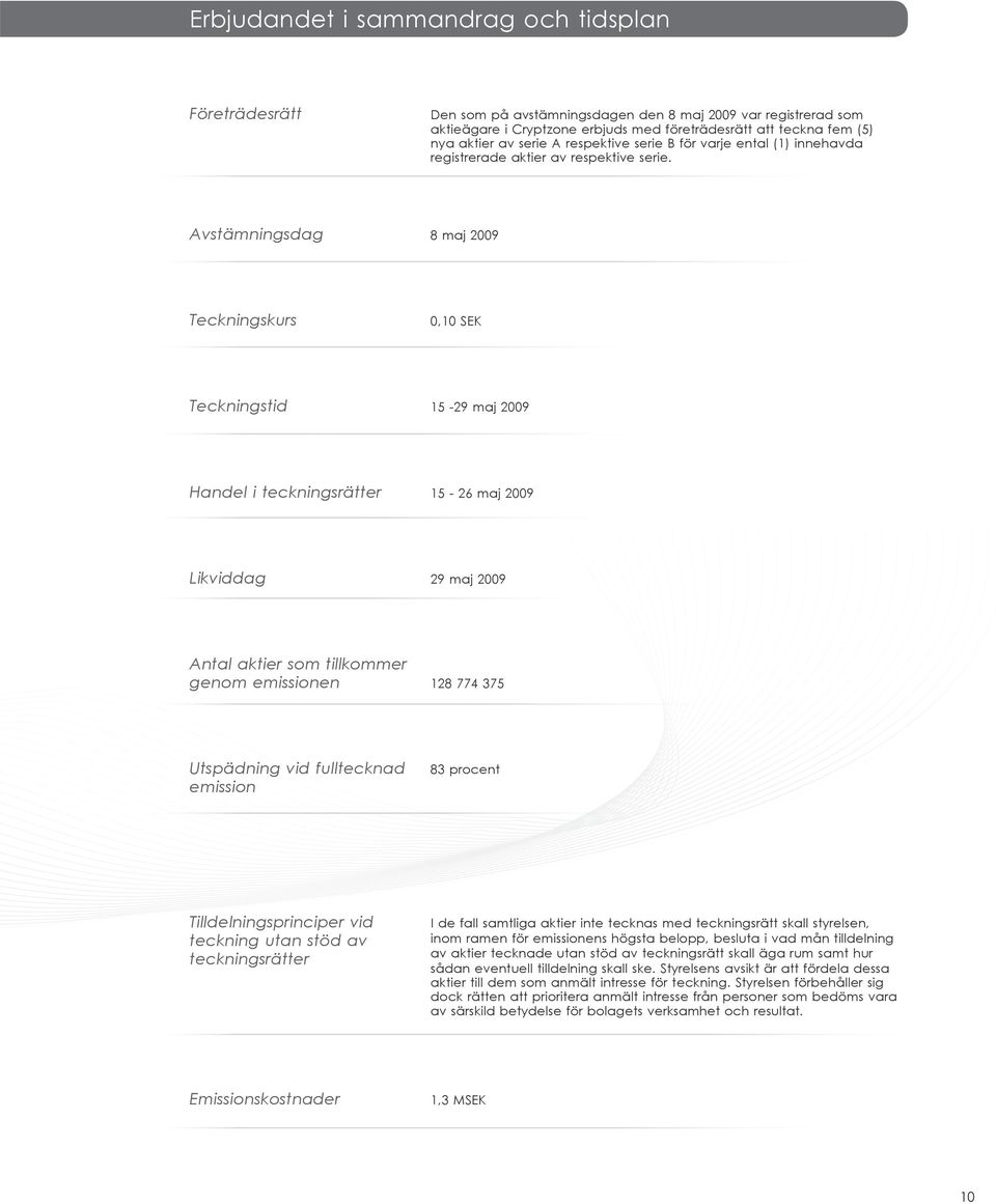 Avstämningsdag 8 maj 2009 Teckningskurs 0,10 SEK Teckningstid 15-29 maj 2009 Handel i teckningsrätter 15-26 maj 2009 Likviddag 29 maj 2009 Antal aktier som tillkommer genom emissionen 128 774 375