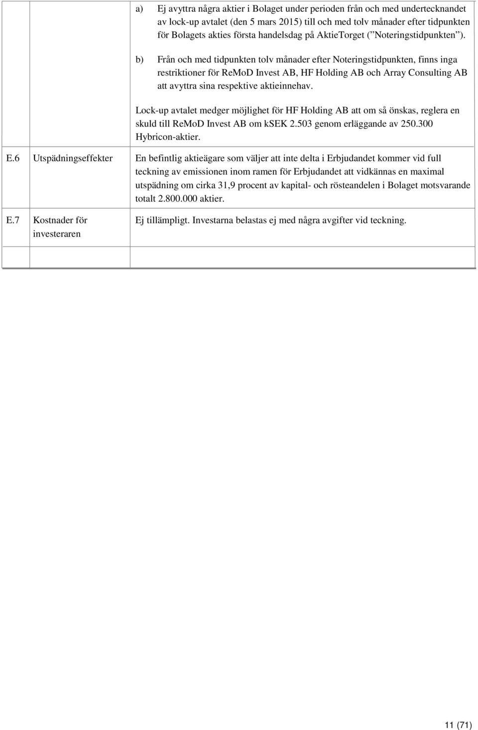 b) Från och med tidpunkten tolv månader efter Noteringstidpunkten, finns inga restriktioner för ReMoD Invest AB, HF Holding AB och Array Consulting AB att avyttra sina respektive aktieinnehav.