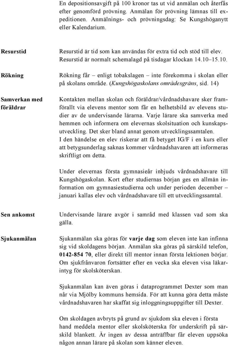 Resurstid är normalt schemalagd på tisdagar klockan 14.10 15.10. Rökning får enligt tobakslagen inte förekomma i skolan eller på skolans område. (Kungshögaskolans områdesgräns, sid.