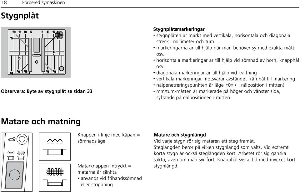 diagonala markeringar är till hjälp vid kviltning vertikala markeringar motsvarar avståndet från nål till markering nålpenetreringspunkten är läge «0» (= nålposition i mitten) mm/tum-måtten är