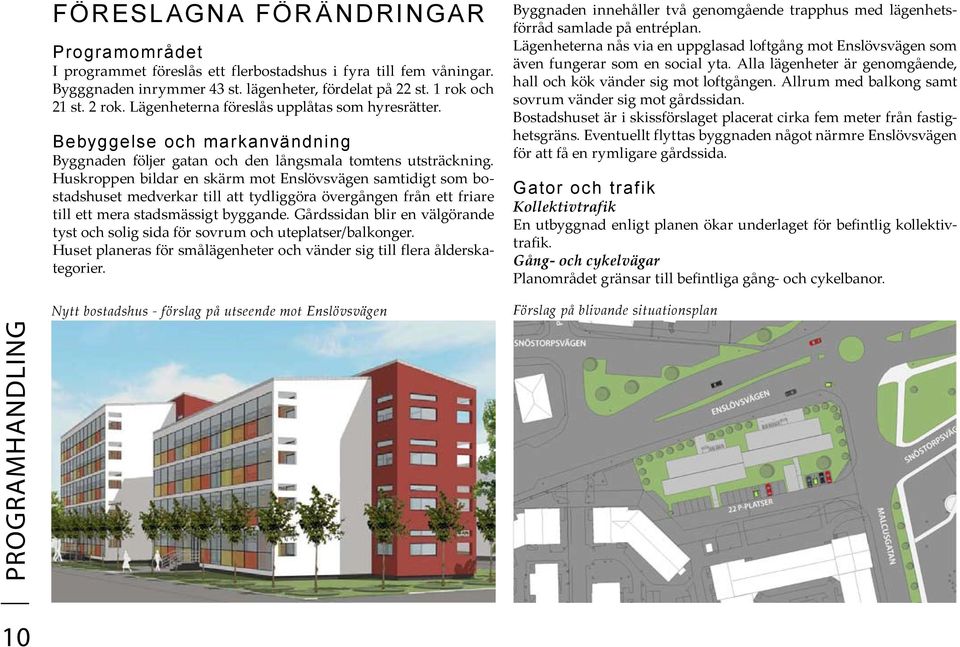 Huskroppen bildar en skärm mot Enslövsvägen samtidigt som bostadshuset medverkar till att tydliggöra övergången från ett friare till ett mera stadsmässigt byggande.