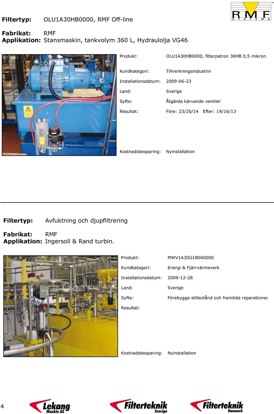 Kostnadsbesparing: Nyinstallation Filtertyp: Avfuktning och djupfiltrering Fabrikat: RMF Applikation: Ingersoll & Rand turbin.