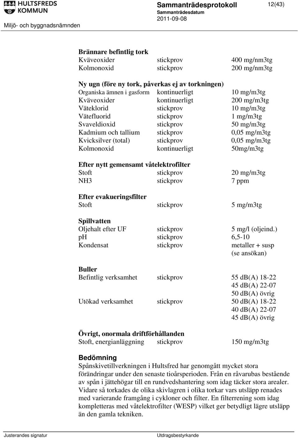 mg/m3tg Kvicksilver (total) stickprov 0,05 mg/m3tg Kolmonoxid kontinuerligt 50mg/m3tg Efter nytt gemensamt våtelektrofilter Stoft stickprov 20 mg/m3tg NH3 stickprov 7 ppm Efter evakueringsfilter