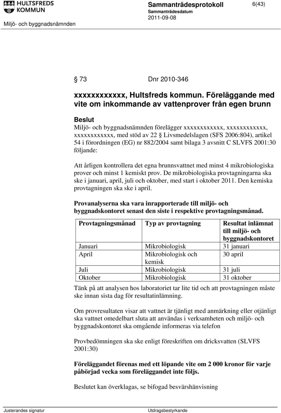 2006:804), artikel 54 i förordningen (EG) nr 882/2004 samt bilaga 3 avsnitt C SLVFS 2001:30 följande: Att årligen kontrollera det egna brunnsvattnet med minst 4 mikrobiologiska prover och minst 1