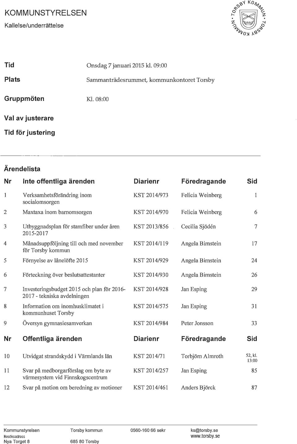 barnomsorgen KST 2014/970 Felicia Weinberg 6 3 Utbyggnadsplan för stamfiber under åren 2015-2017 KST 2013/856 Cecilia Sjöden 7 4 Månadsuppföljning till och med november för Torsby kommun KST 2014/119