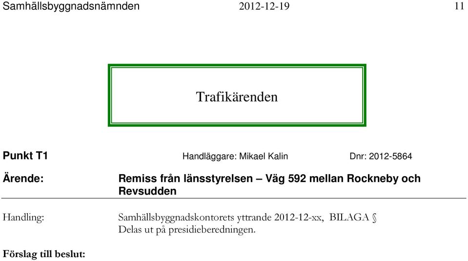 länsstyrelsen Väg 592 mellan Rockneby och Revsudden Handling: