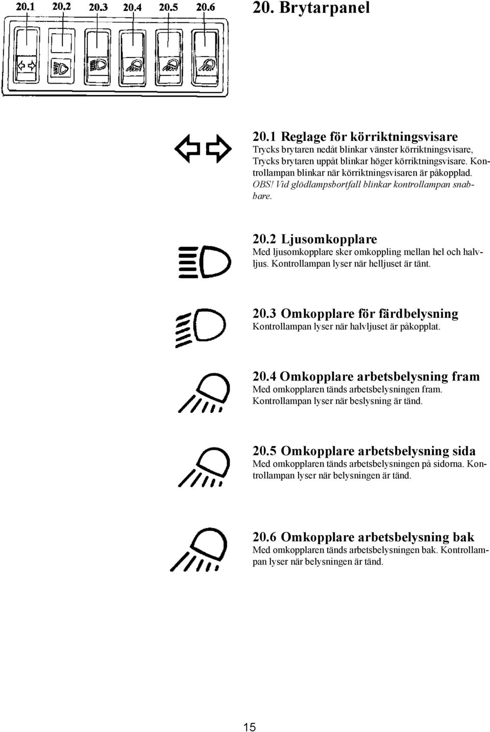 Kontrollampan lyser när helljuset är tänt. 20.3 Omkopplare för färdbelysning Kontrollampan lyser när halvljuset är påkopplat. 20.4 Omkopplare arbetsbelysning fram Med omkopplaren tänds arbetsbelysningen fram.